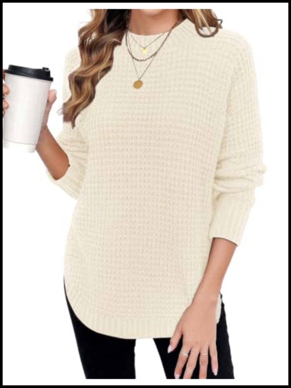 Chunky Waffle Knit Sweater Pullover Women Casual Crewneck Long Sleeve Warm